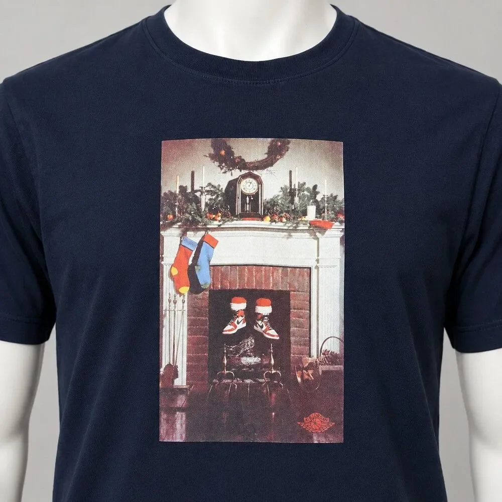 Jordan AJ1 Christmas Fireplace Graphic T Shirt Men S Black Holiday Streetwear